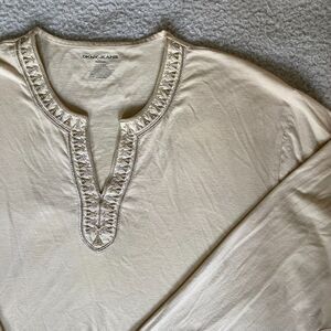DKNY Jeans T shirt Long Sleeve Henley Neckline Embroidered Beige Size XL